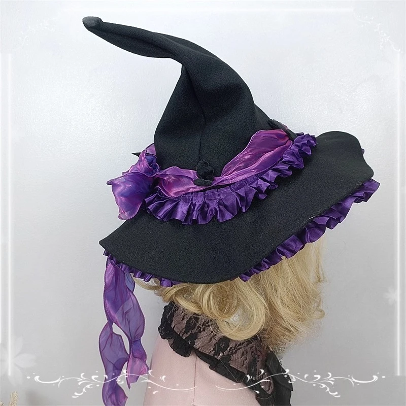 Cappello da strega di Halloween originale fatto a mano Cappello da mago a punta Cappello a cilindro gotico scuro Lolita per ragazze