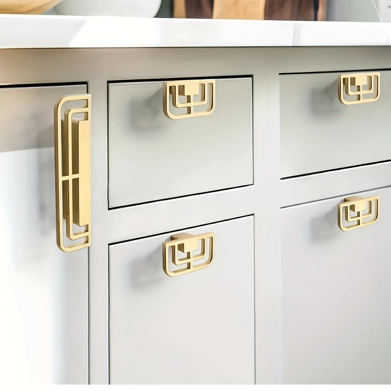 1pc Chinese Style Gold Cabinet Door Handles, Metal Veneer Drawer and Wardrobe Handles, Modern Design with Mounting Hardware