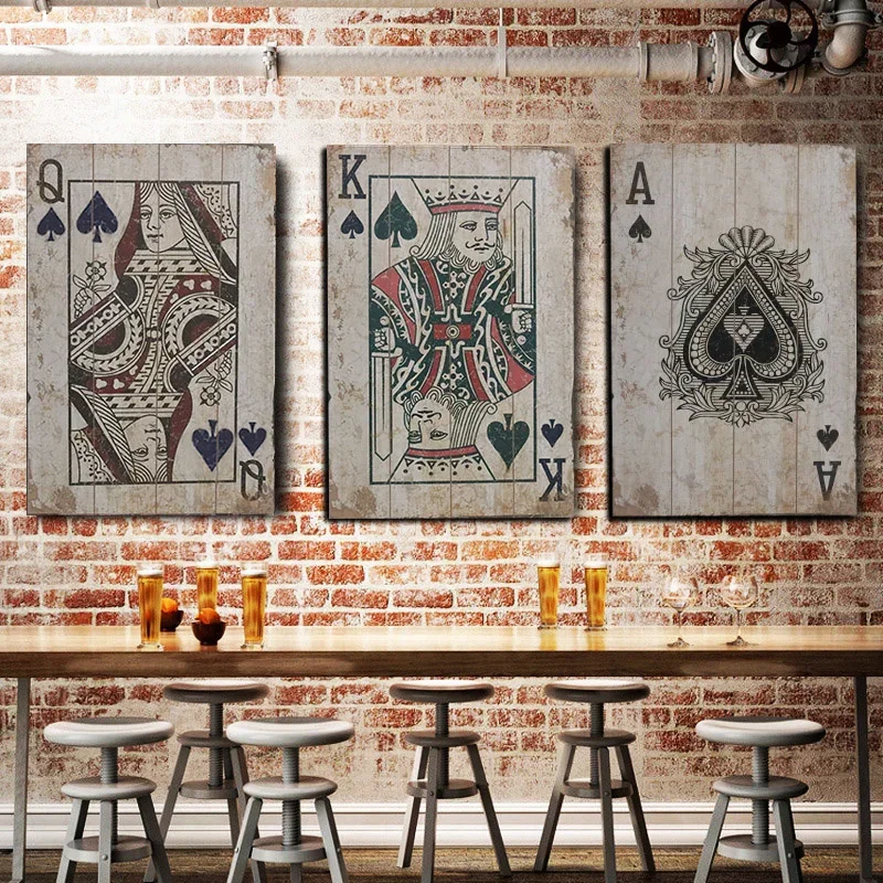 

American Retro Playing Cards Wood Painting, Vintage Wall Decor for Bar, Internet Cafe, and Leisure Room, Nostalgic Wall Art.