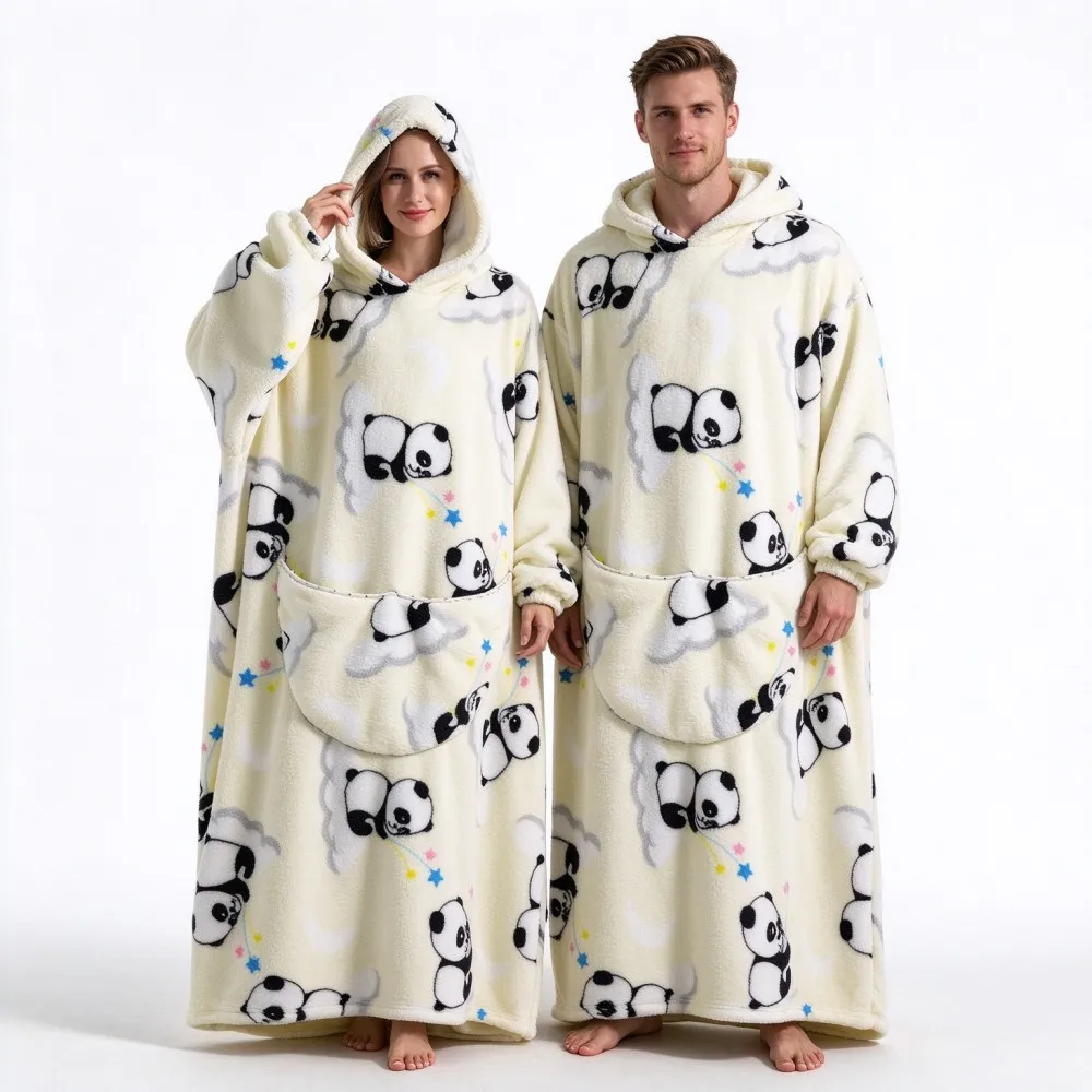 Extra Long Warm Blanket  Wearable Blanket Hoodie Oversized Flannel Hooded Sweatshirt Blanket Cartoon Couple Matching Homewear