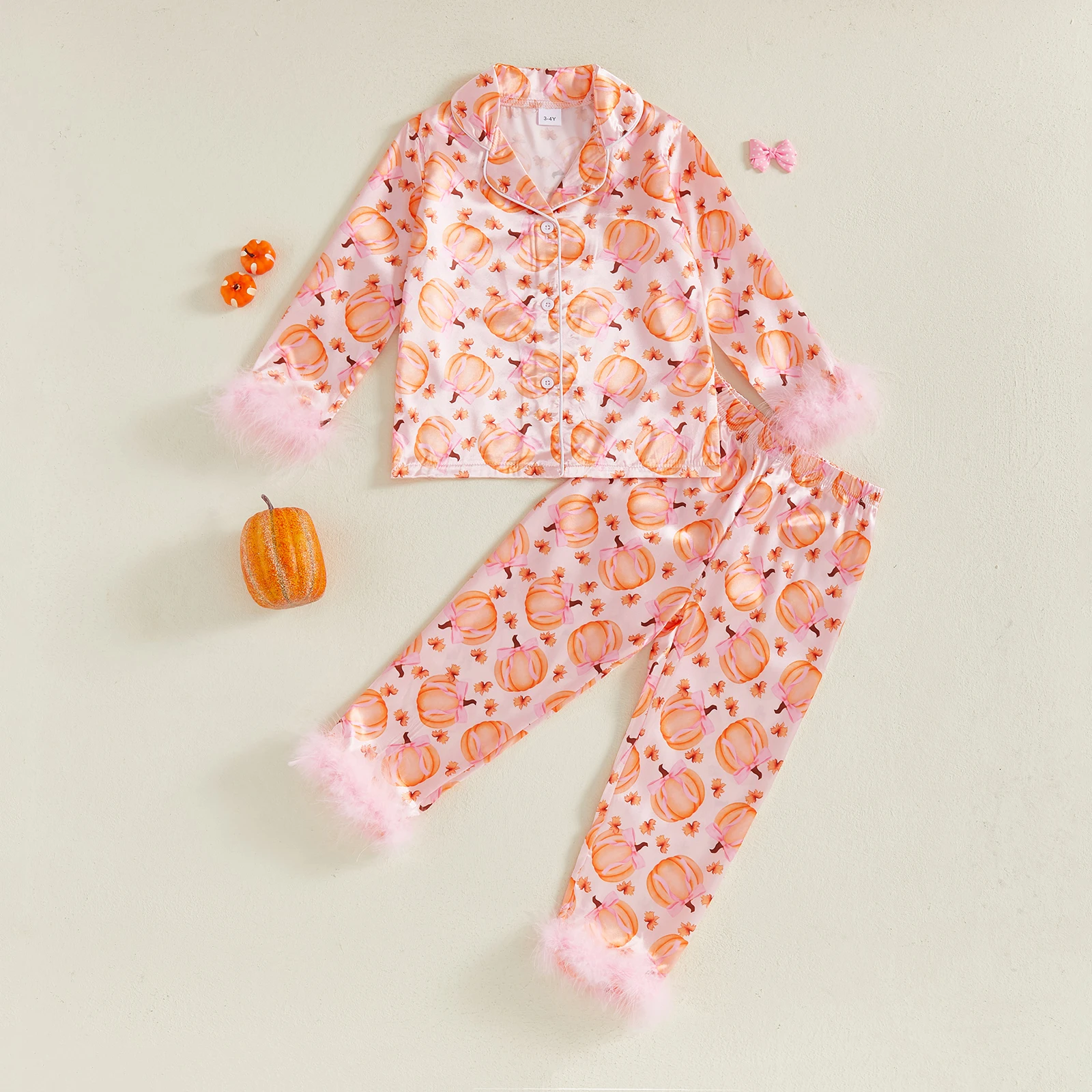 

Baby Girls Pajamas Set Feather Cuffs Pumpkin/Bow Print Button up Long Sleeves Shirt and Elastic Pants for Loungewear