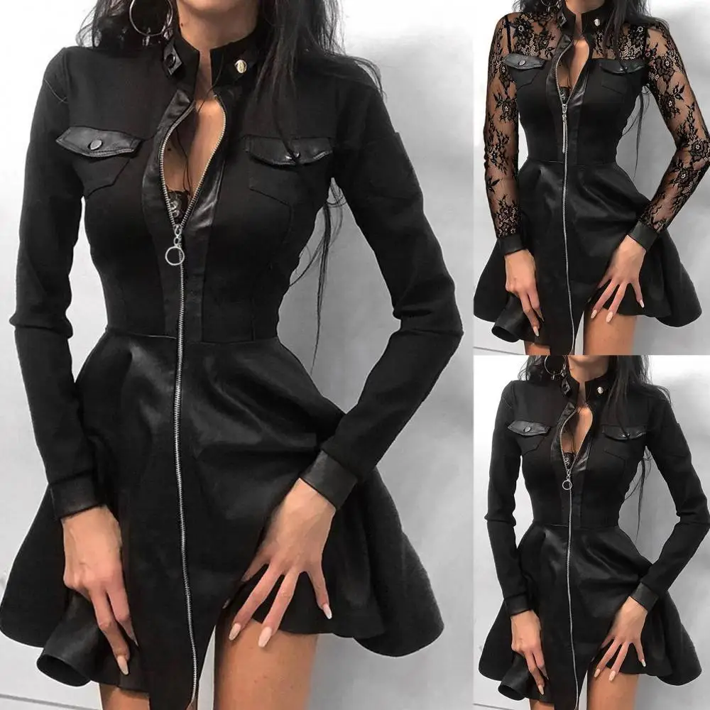 

Fashion Women Lace Long Sleeve Zipper Pocket Large Hem Faux Leather Mini Dress