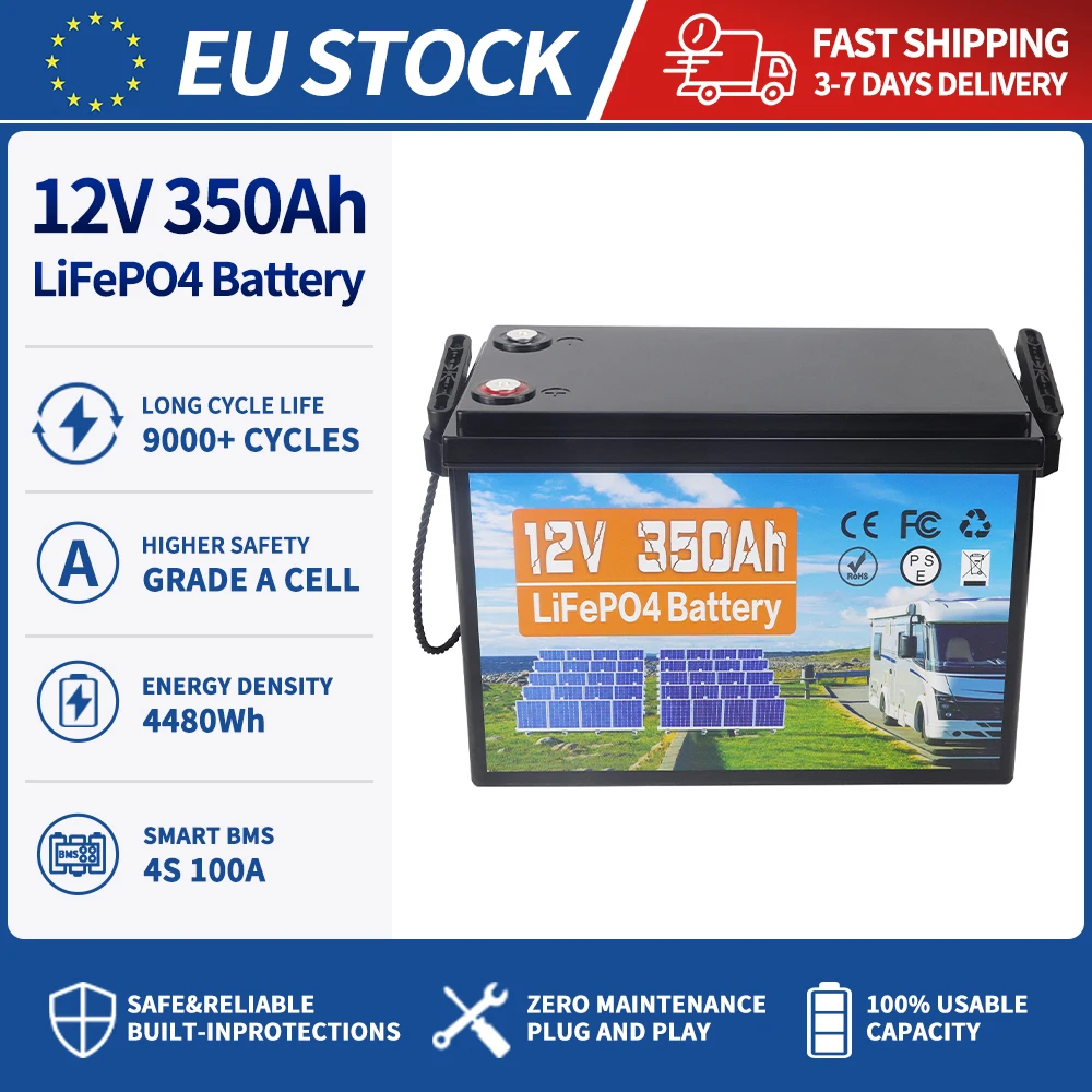 12V Lithium-ijzerfosfaatbatterij 100Ah 150Ah 350Ah Nominale capaciteit LiFePO4-batterij 100A BMS Zonne-energie Draagbaar Oplaadbaar 9000 cycli levensduur