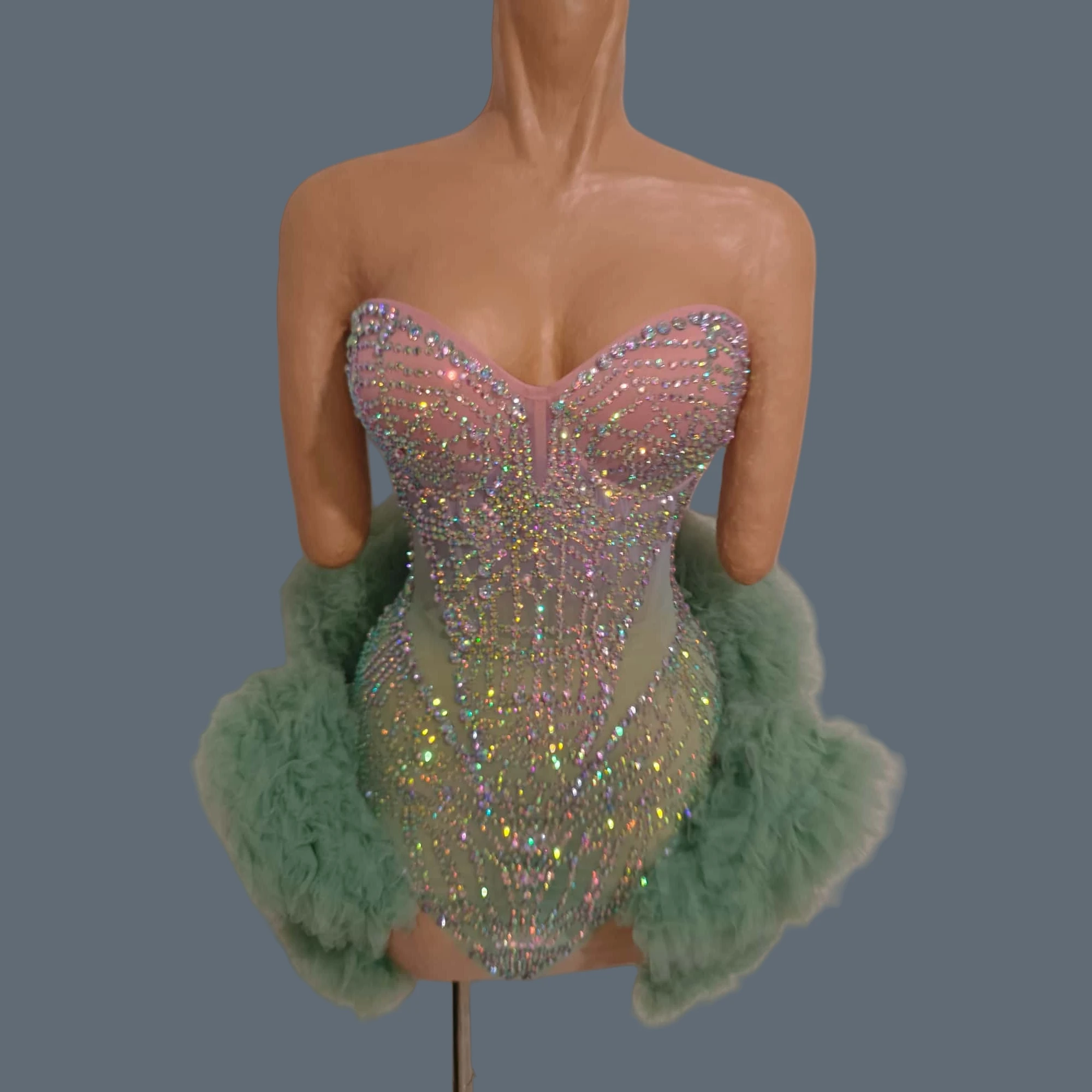 

Women Sexy Strapless Backless Sparkly Dreamy Crystals Mesh Dress Birthday Party Costume Bar lub Singer Stage Show Outfit Jiemo