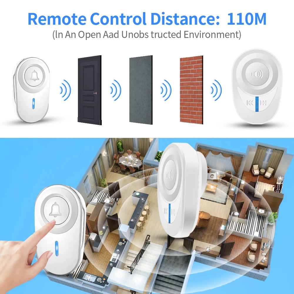 ONMYST Smart Home Wireless Doorbell IP44 Waterproof Doorbell Chime Kit 48 Chords LED Flash Security Alarm Door Bell