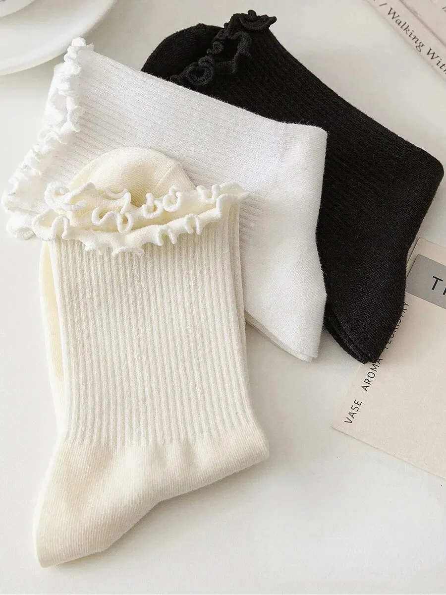5/10/20 Paare/los Socken für Frauen Rüschen Mittelrohr Knöchel Kurze Atmungsaktive Schwarz Weiß Set Frühling Herbst – Detail 3