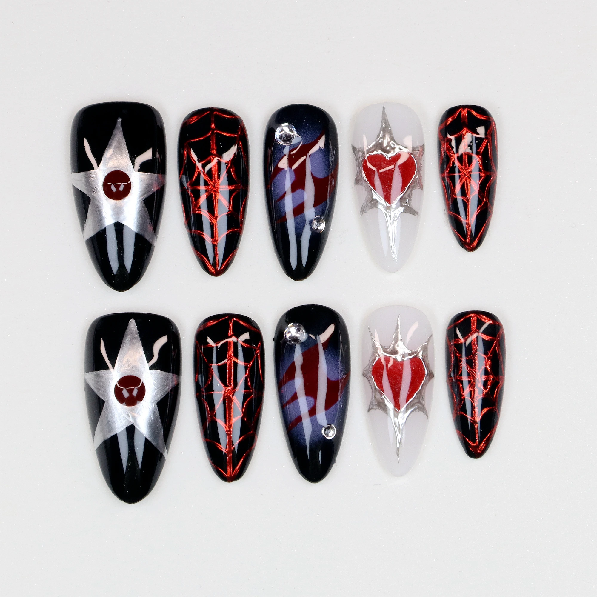 

10Pcs Y2K Hand-Painted Silver Star and Red Heart Press On Nails Metallic Spider web Custom Almond Fake Gothic Halloween Nails