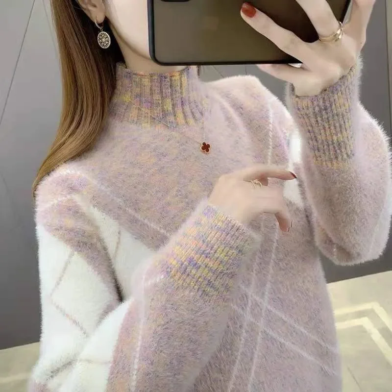 

Half Turtleneck Sunken Stripe Pattern Women's Sweater Autumn and Winter New 100% Pure Wool Sweater Comfortable Loose Pullover