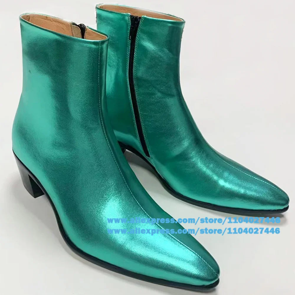 

Green Leather Chelsea Boots Men's Pointed Leather 6Cm Cowboy Boots Wear-Resistant Trendy Luxury Handmade Shoe Men's Shoes