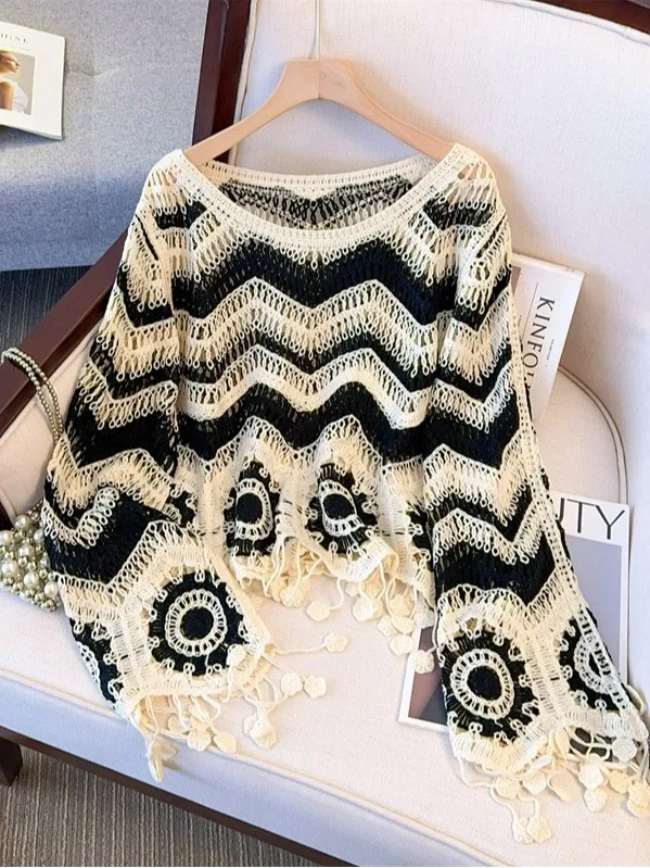 

n Wave Pattern Knitted Top Women's ort Thin Loose Cover up Spring Size Large Clothing Ethnic Sle Long Sve