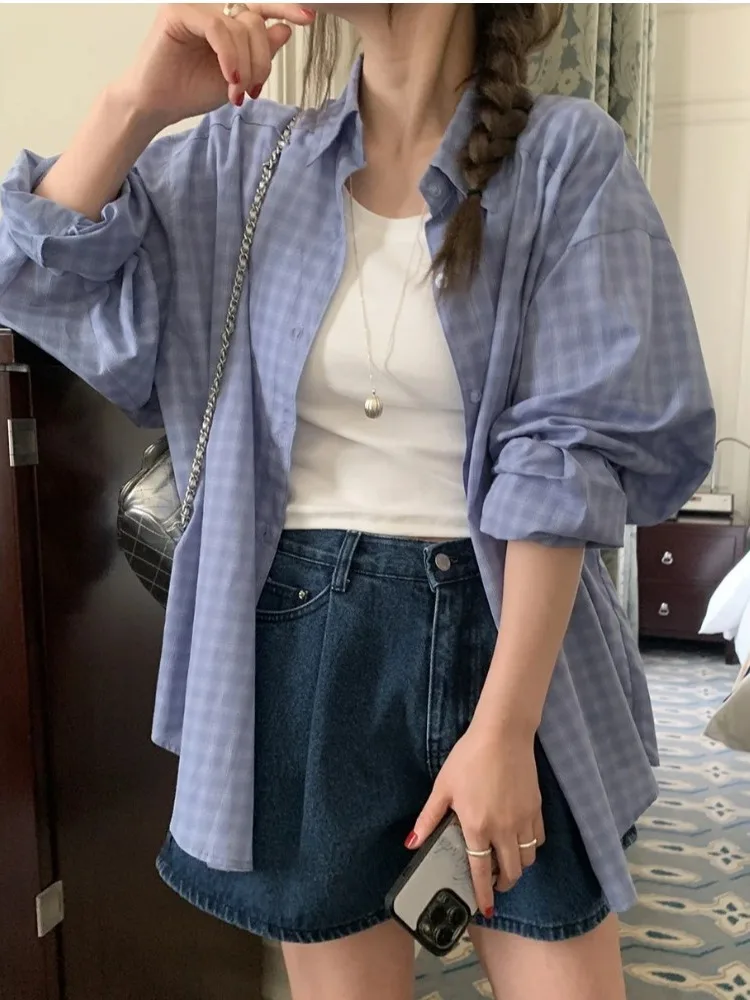 Primavera faion xadrez irt feminino coreano sle casual único botão longo sve turn-down colarinho vintage atarracado cardigan