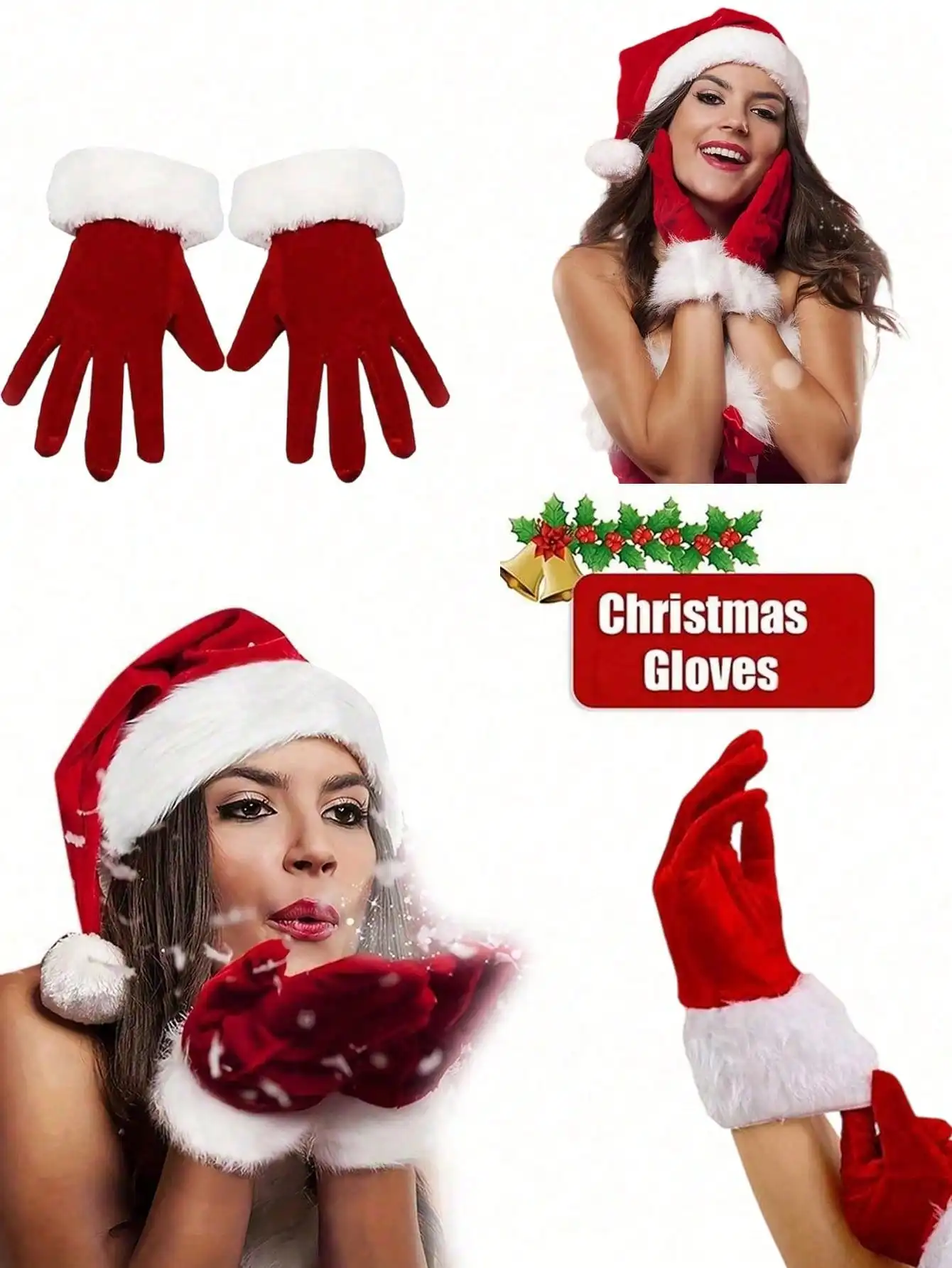 زوج واحد من القفازات المخملية القصيرة الدافئة للنساء - تصميم عيد الميلاد مع حواف من الفرو الأبيض، إكسسوار أنيق للحفلات لهدايا العطلات #5