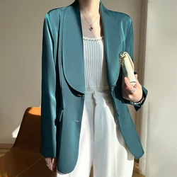 Autumn New Suit Top Women's Long Sleeve V-Neck Acetic Acid Satin Loose Goddess Style Solid Color High End Temperament Coat Top