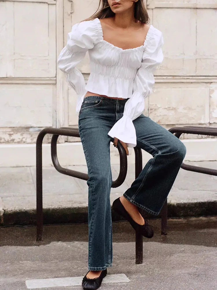 

Spring 2026 New Arrival Premium Square Collar Pleated Bubble Sve Top Women's Faion Ele Sle Floral Lace Hemline