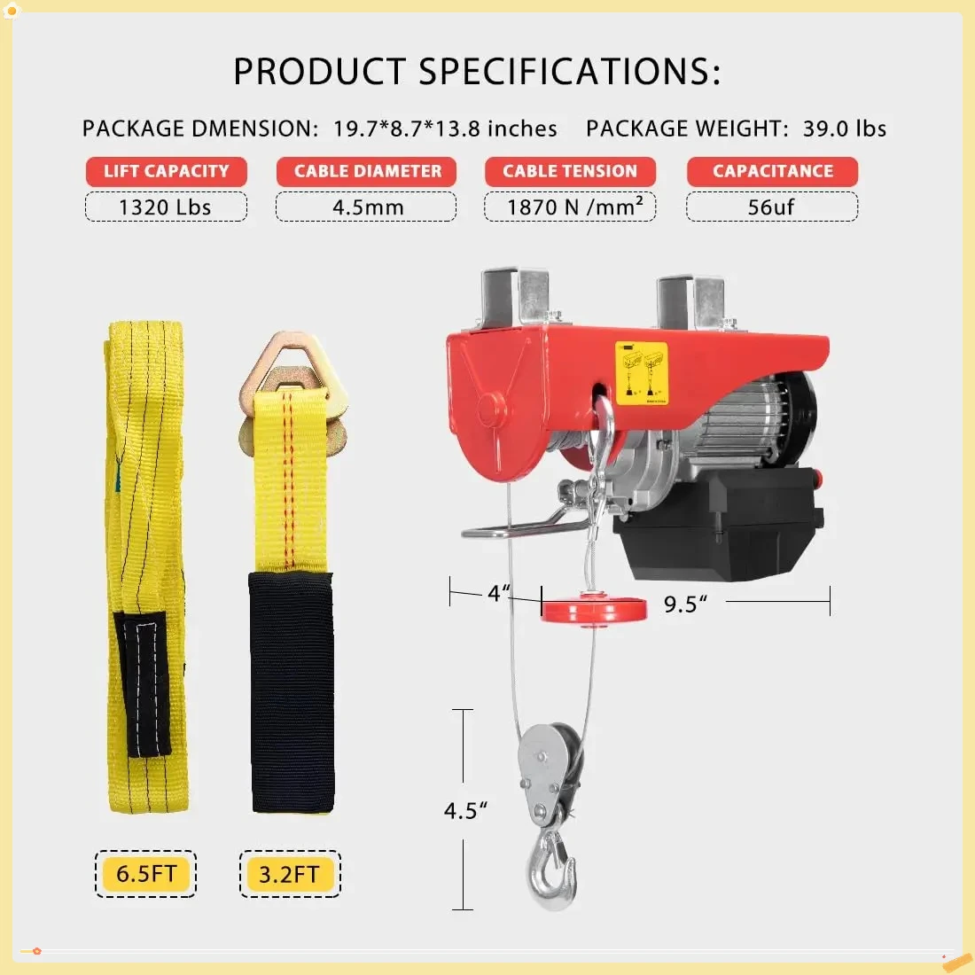 Electric Hoist, 110V 1320 Lbs Winch with Wireless Remote Control, Zinc-Plated Steel Wire Hoist for Garage, Warehouses