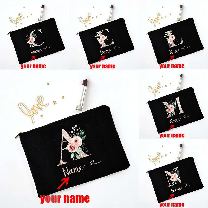 A-Z Flower Letters Customize Black Cosmetic Bag Personalized Name Organizer Monogram Toiletries Pouch Wedding Team Teacher Gifts