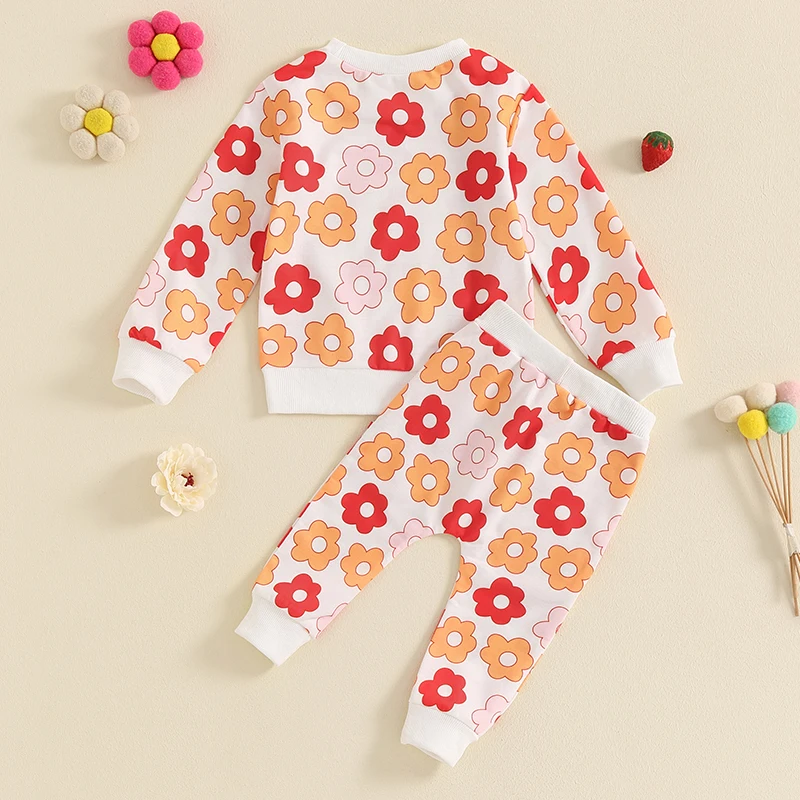 Tregren Toddler Girl Fall Outfits Floral Print Crew Neck Long Sleeve Sweatshirts and Long Pants 2Pcs Clothes Set