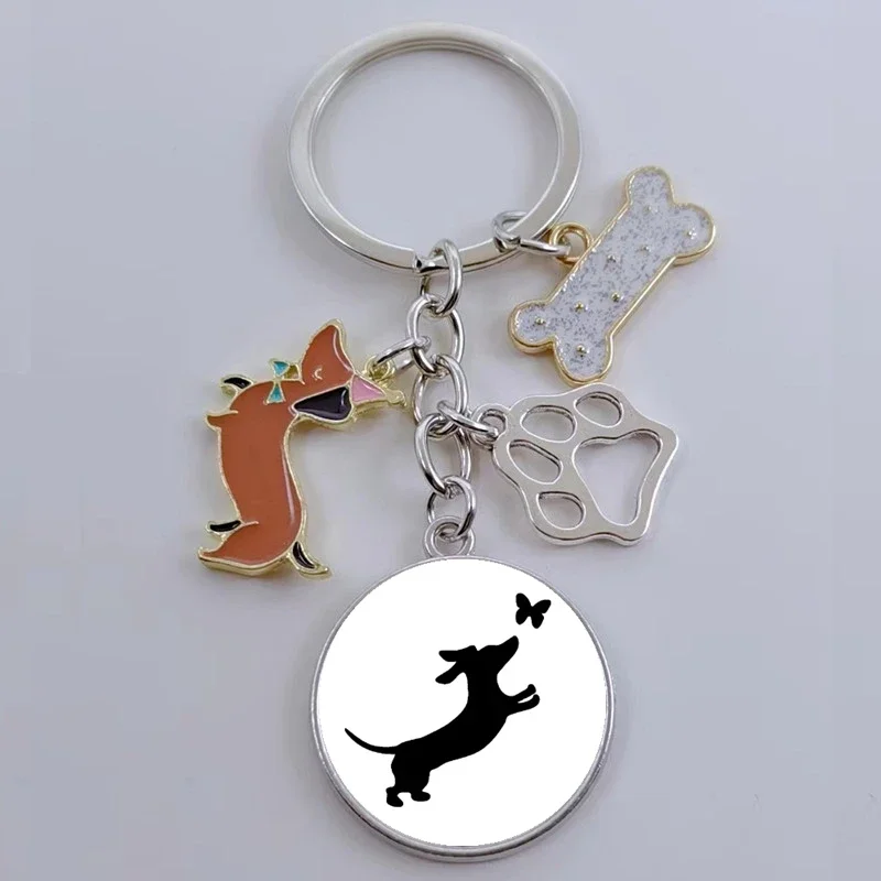 I love dachshund keychain cute animal cartoon dog keychain DIY dog glass convex key ring gift ladies men jewelry