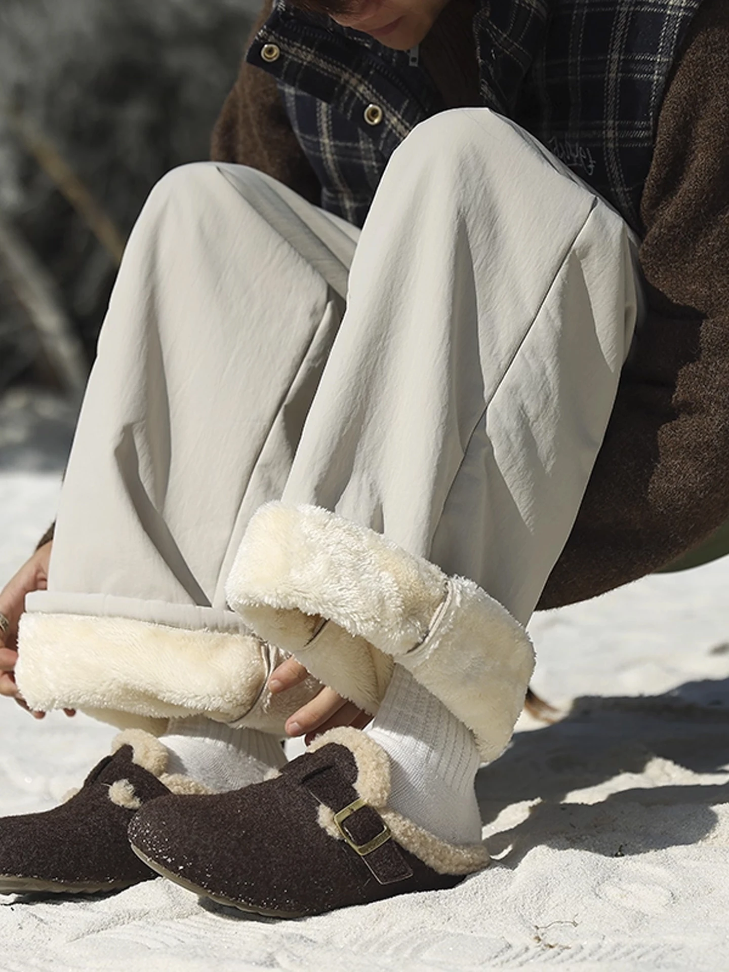 

Lamb Fur Lined Thiened Waterproof Cotton Pants Men's Winter Warm Not Bulky Casual Straight Leg Trousers Youth Faion