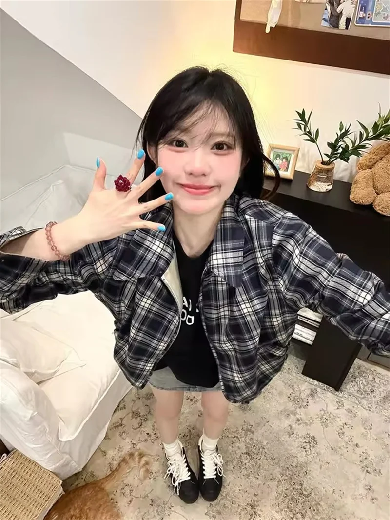 Fashion Women's Long Sleeve Double-Sided Wear Plaid Lapel  Jacket 2025 Spring Vintage Loose Outerwear Female Basic Coat