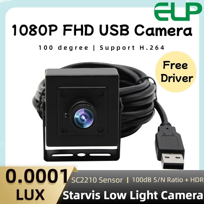 ELP Starvis USB Camera, 0.0001Lux Starlight 1080P 30fps HDR 100dB UVC Webcam, H.264 Wide Angle Lens Plug and Play for PC Laptop