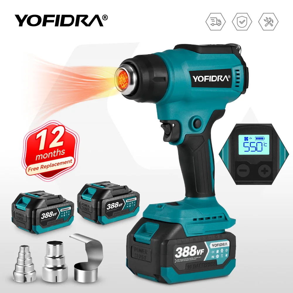 Yofidra 550℃ Hot Air Gun 2 Gears Adjustable LED Display Cordless Efficient Industrial Home Heat Gun Tools For Makita 18V Battery