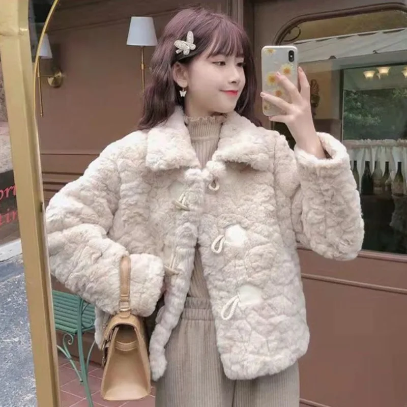 2024 Autumn Korean Style Women Lamb Fleece Jacket Young Girls Horn Buttons Short Coats All-Matching Chic Clothes