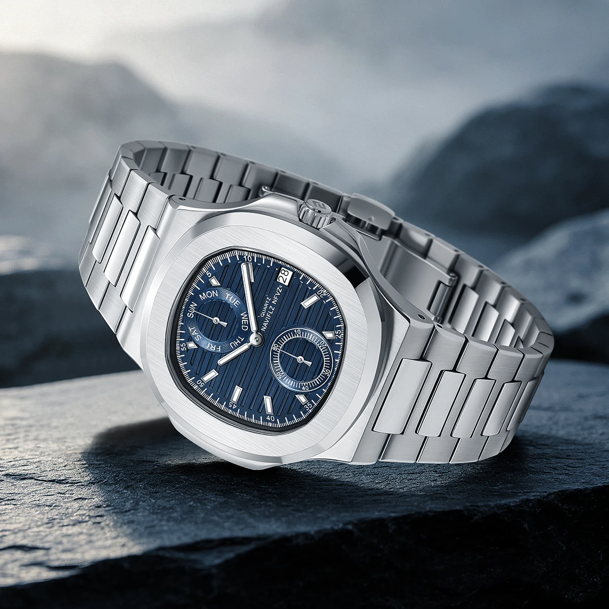New Arrival NAVIFLZ NFVZ Men's Functional Quartz Watch 40MM Silver‑Blue Stainless Steel 5968A Sports Wristwatch 5ATM Waterproof