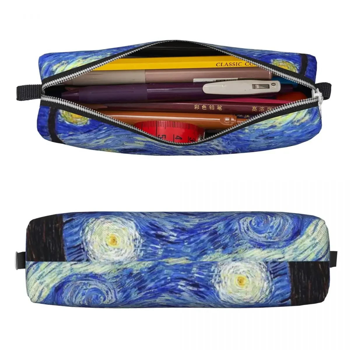 Van Gogh Inspired Square Pencil Case Classic Starry Night College Boy Girl Leather  Box Fashion Zipper Pen Pouch