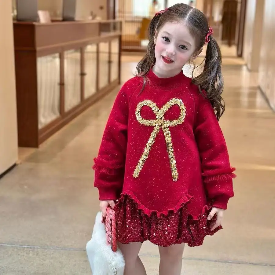 

3-12 Y Children's Velvet Dress Autumn/Winter New Style Red Western New Year Baby Girls' Sparkling Long Sleeve Dress 100-160cm