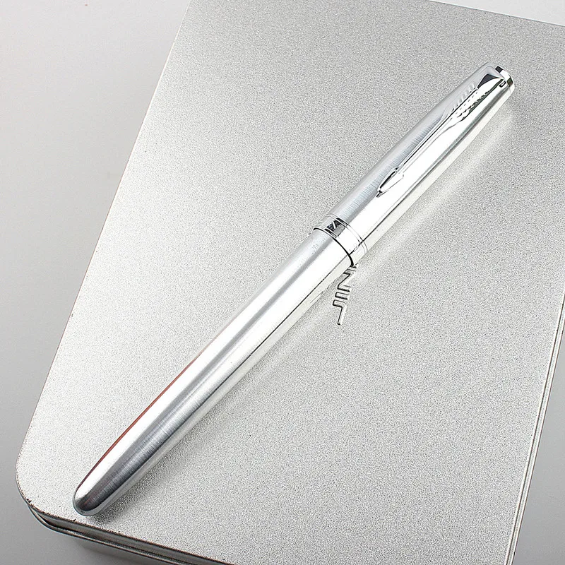 jinhao 85 Metal Silver Fountain Pen Stainless steel Bent (Curved) 0.8mm /dark tip 0.38mm Nib Writing Office Pen