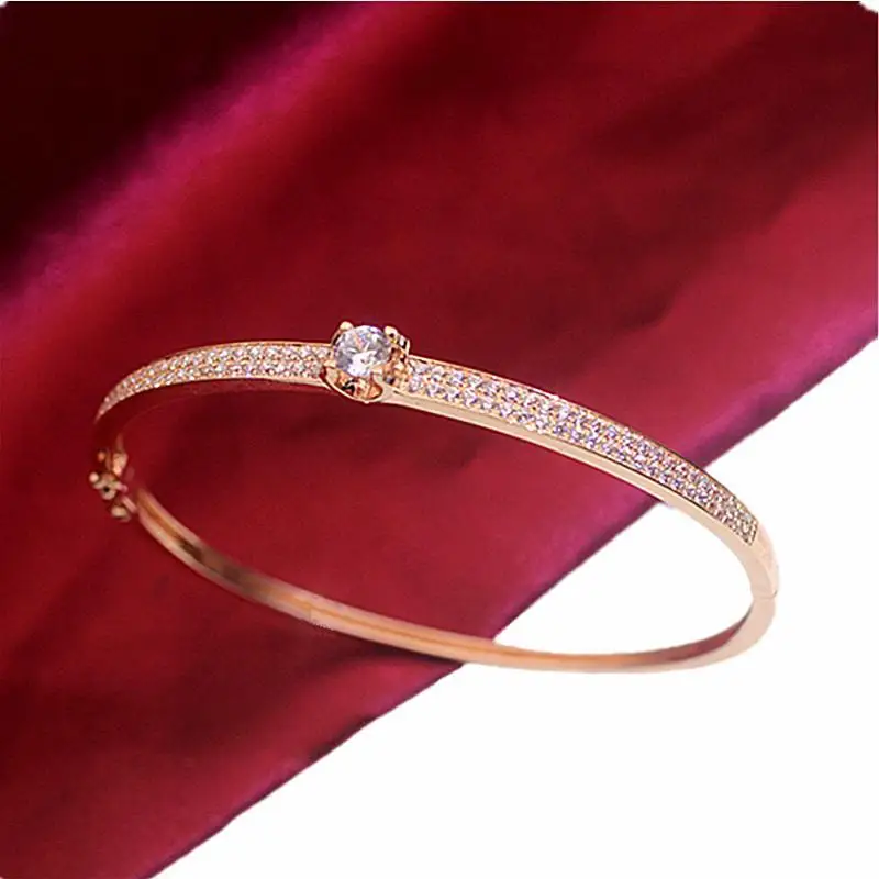 

Classic 585 Purple Gold Light Luxury Plated 14K Rose Gold Crystal Bracelet for Women shine Charm bangles Wedding Jewelry