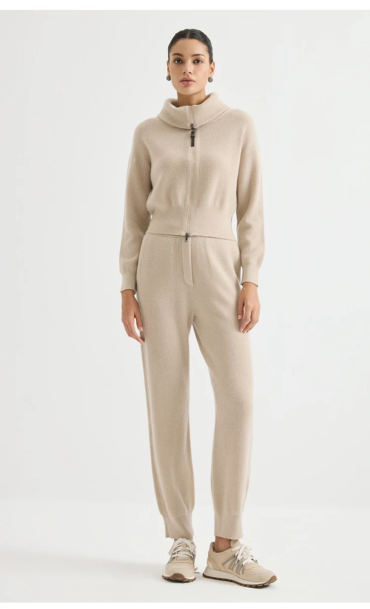 BY4621738 Damen High-Waist Wolle-Kaschmir-Mischung Englischer Rippstrick Gerade Hose mit Frontreißverschluss Schlichte Eleganz für den Herbst – Detail 7