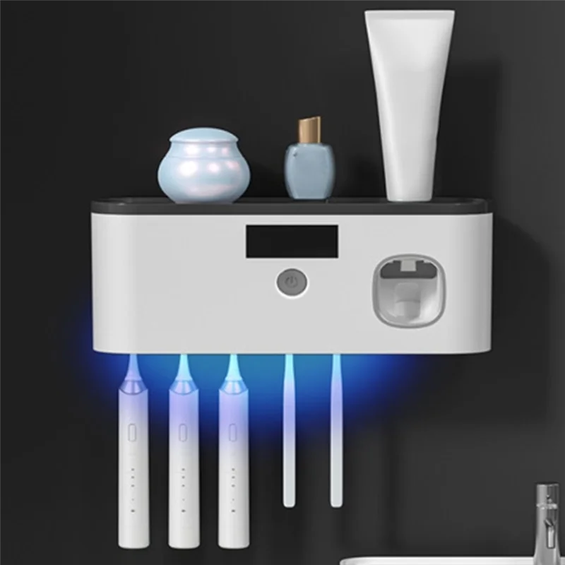【SHOP JOURNEY】Wall-Mounted USB Rechargeable Toothbrush Disinfect Holder Automatic Toothpaste Dispenser Storage Box Rack