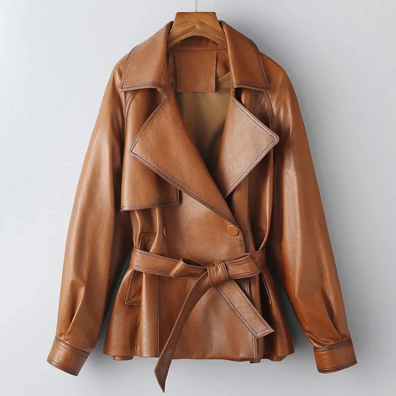 100% prawdziwa skóra owcza kobiety w stylu Vintage brązowe kurtki skórzane moda z kołnierzem z klapami pas damski Casual pierwsza warstwa skórzane kurtki topy