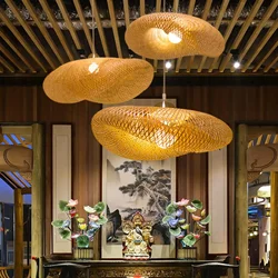 Retro Creative Bamboo Weaving LED Chandelier Straw Hat Restaurant Home Chandelier Living Room Lighting Kitchen Vine Weaving Lamp