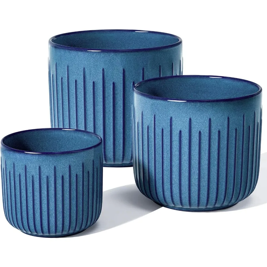 

Fluted Ceramic Planters Set of 3 8.3 7 5.7 in Ocean Blue Reactive Cylinder Indoor Plant Pots with Drainage Plug Mesh Glossy Sto