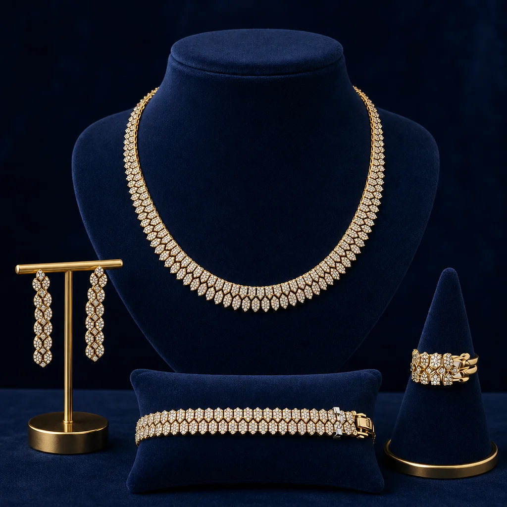 Bride Talk Luxury Gold Plated Bridal Jewelry Set, Rhinestone Pave Necklace Earrings Bracelet Ring, Crystal Wedding Party Gift