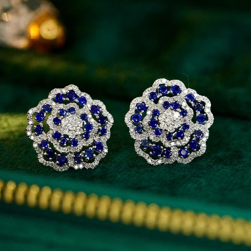 Aazuo High Jewelry 18k Gold Natural Ruby Real Diamonds Luxury Flower Stud Earrings Gifted For Women Engagement Wedding Party