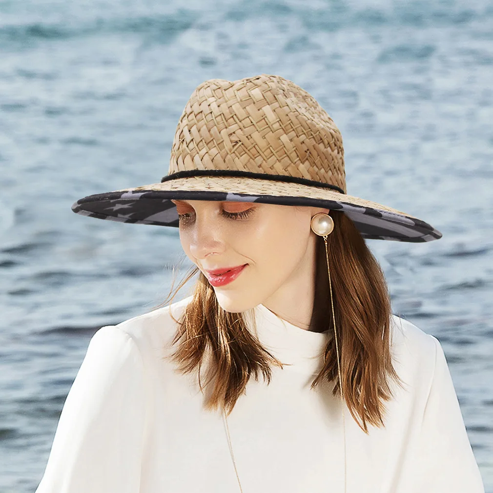 Beach Sun Hat with Patch Print, Wide Brim Straw Sun Protection Cap, Summer Classic Beach Straw Hat Cross Border