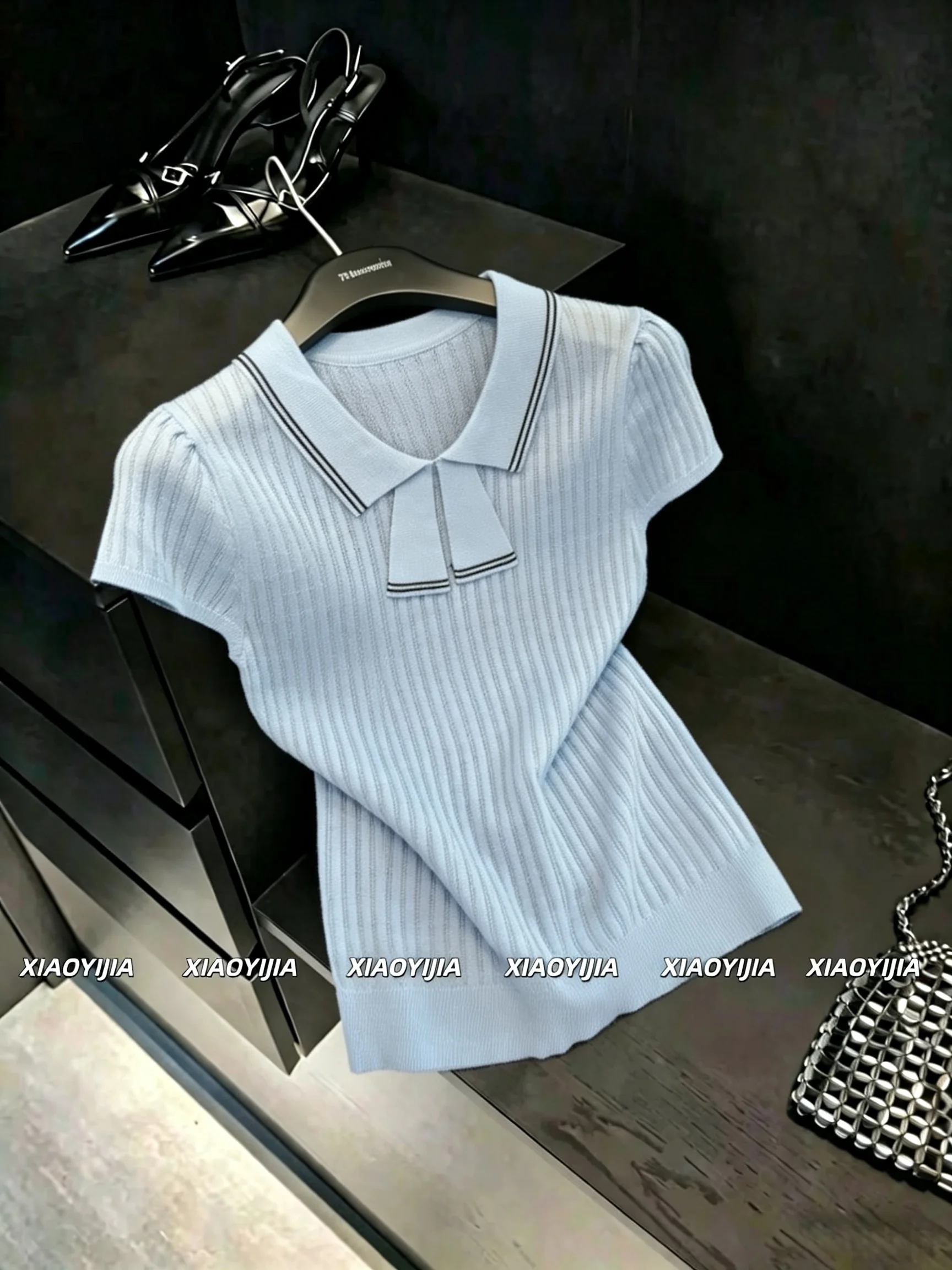 

High-End Knitted Short-Sleeve Neck T-Shirt for Women Summer Slimming Fashionable Color Block College Style Top
