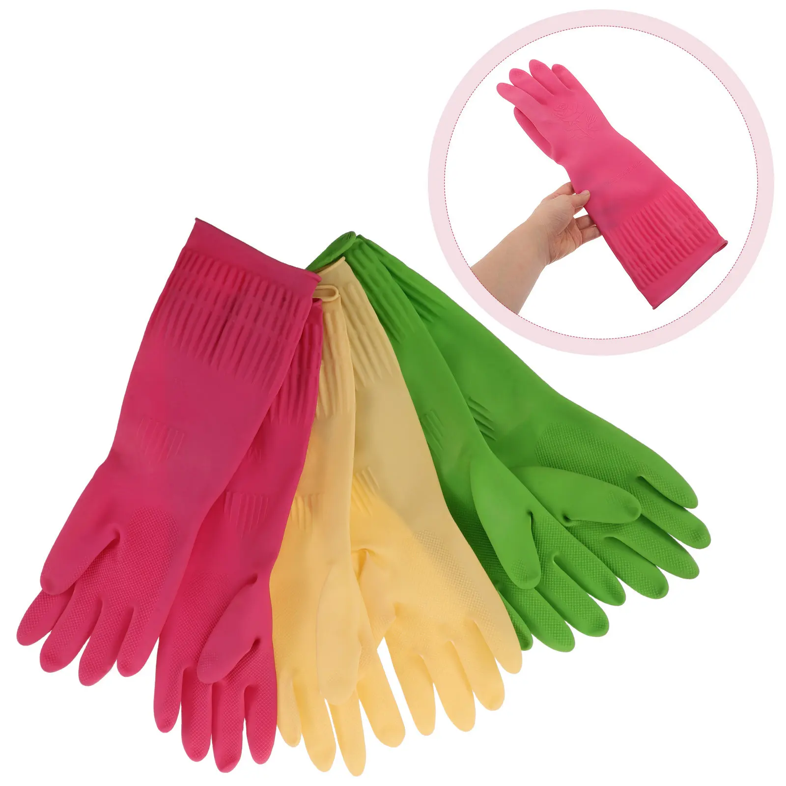 3Pairs Latex Dishwashing Gloves Waterproof Heavy Duty Extended Cuff Non Slip for Kitchen Cleaning Laundry Pet Care Housework