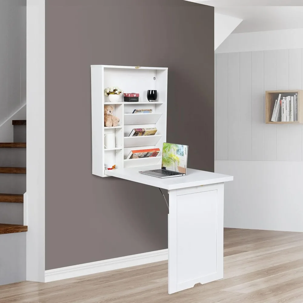 

Wall Mounted Space Saving Fold Out Convertible Desk Wood Floating Writing Desk with Storage Shelves Laptop Tabletop for