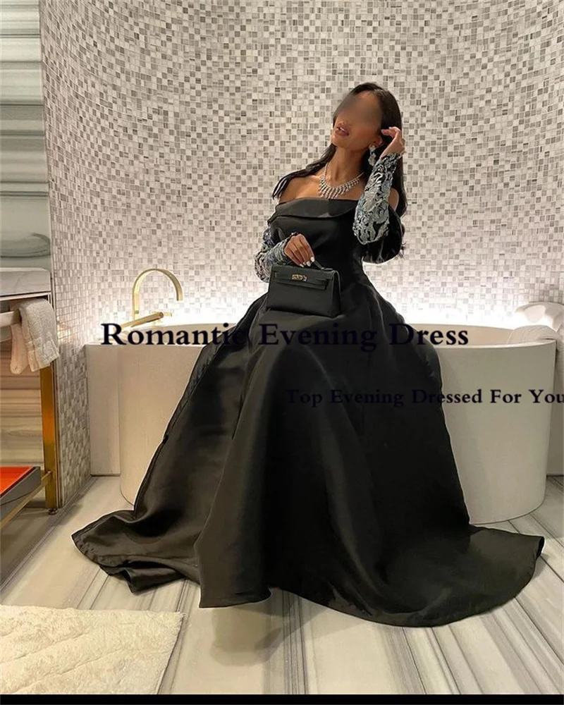 Romântico preto cetim vestidos de noite arábia saudita mangas compridas com laceappliques longo vestido festa vestidos