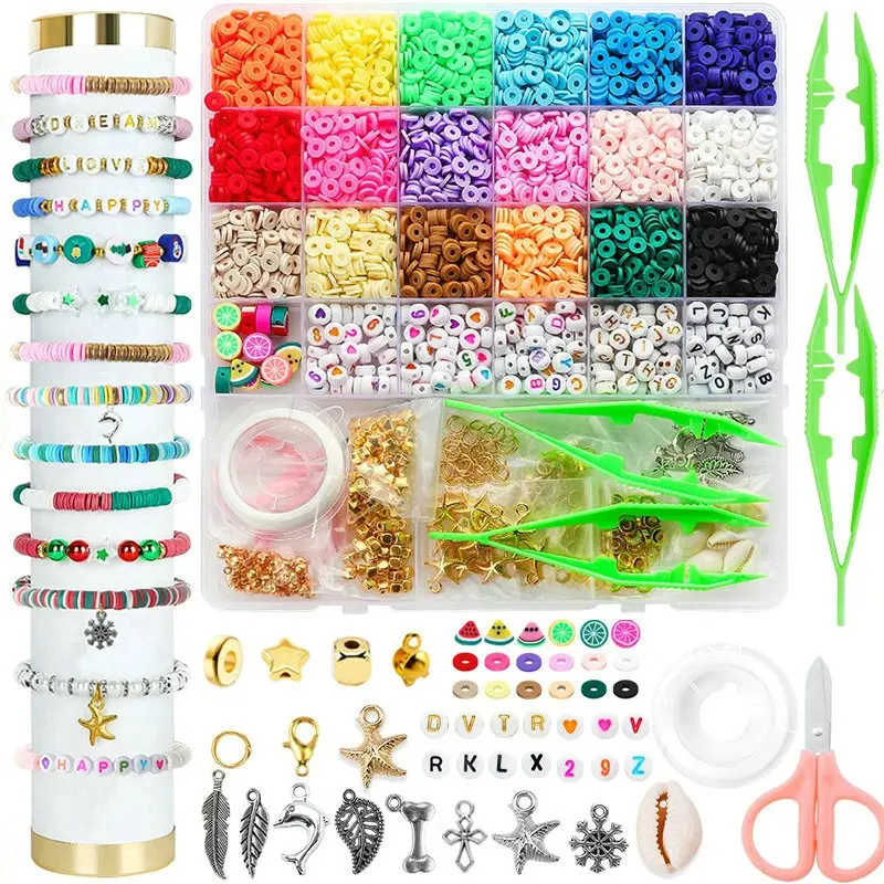 

Clay Beads Bracelet Making Kit Friendship Flat Polymer Clay Beads with Charms Gifts for Teen Girls Crafts Jewelry Making DIY