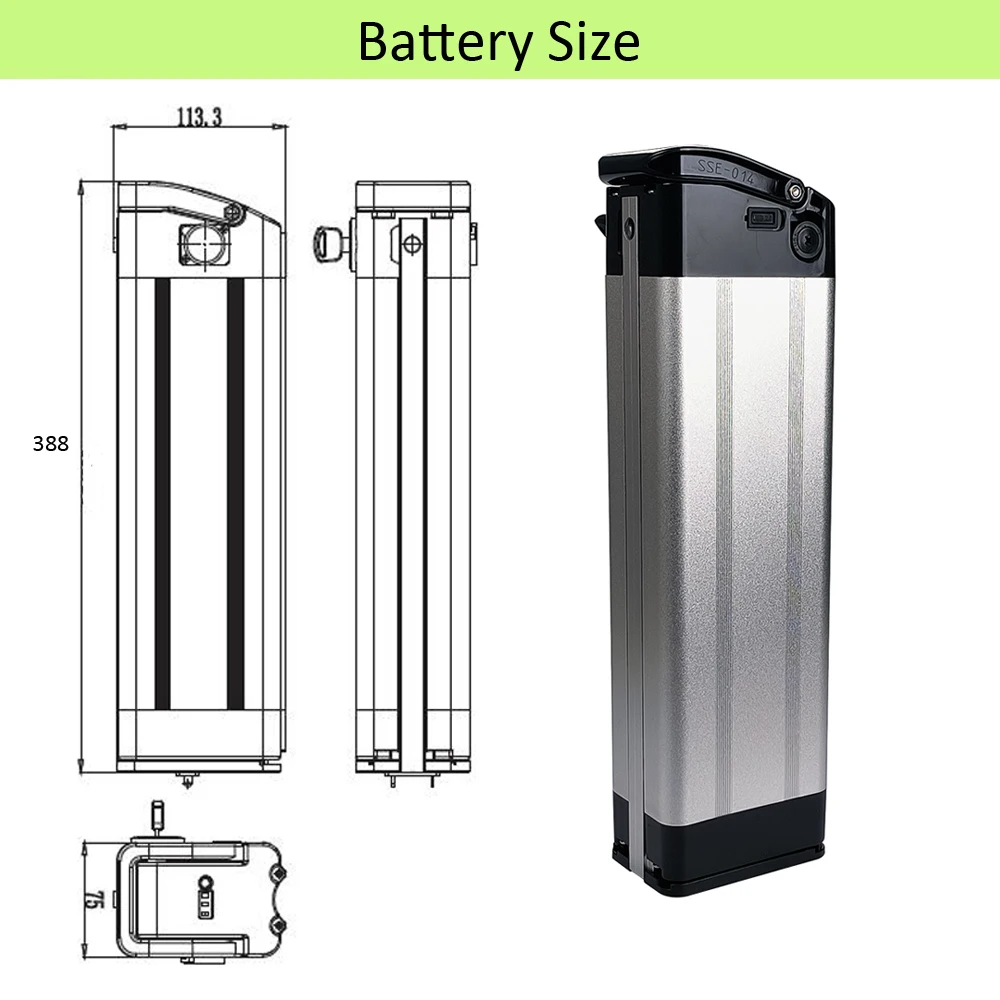 Kaki-Foldable Ebike Battery with USB Port, Silver Fish Battery, 48V, 10.4Ah, 13Ah, 15Ah, 16Ah, 17.5Ah, 500W, 750W, 1000W