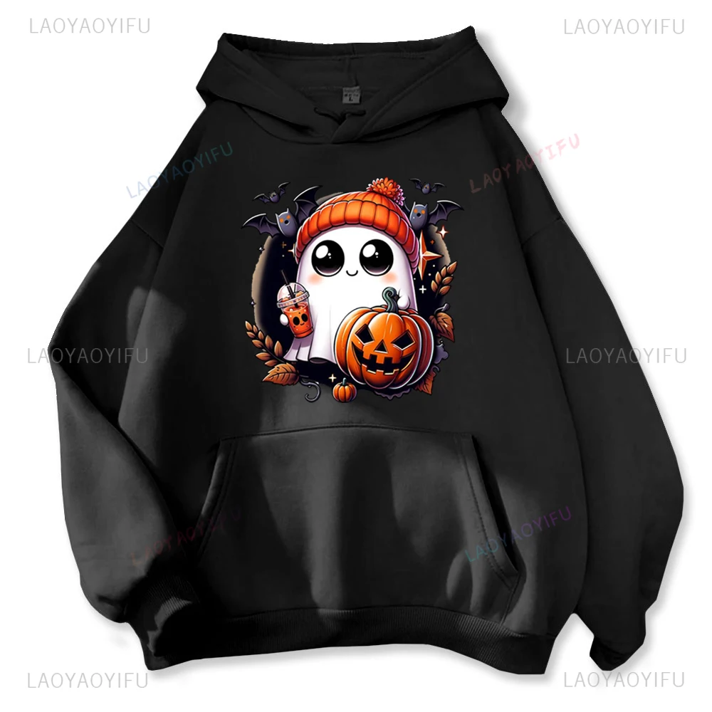 The Ghost Was Drinking Milk Tea with A Pumpkin Head Pullovers Fashion Casual Streetwear Hip-hop Hipster Winter Hot Sale Hoodies