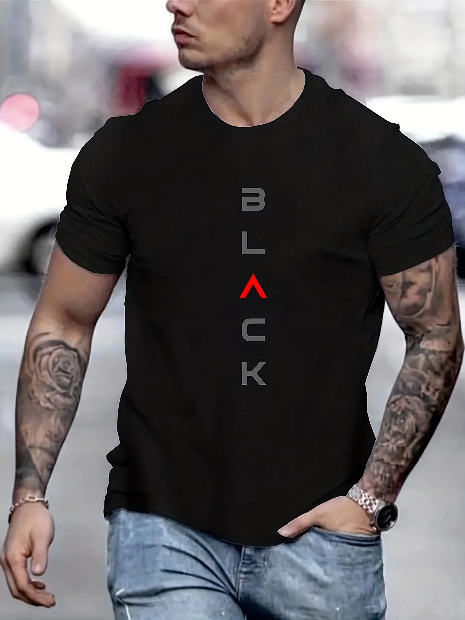 Men's Summer Casual Loose Size 100% Cotton Black Print Round Neck Short Sleeve T-shirt Top