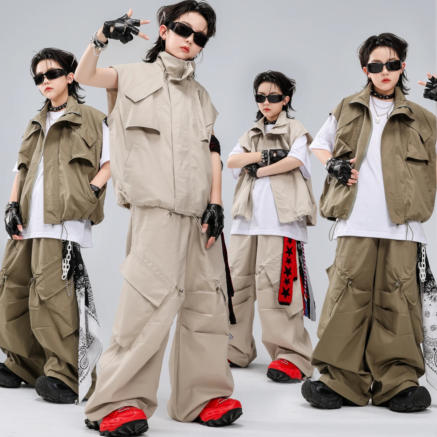 Kids Khaki Tactical Hip Hop Dance Outfit Cargo Pants Set with T-Shirt for Boys Girls Street Wear Jazz Performance Competition