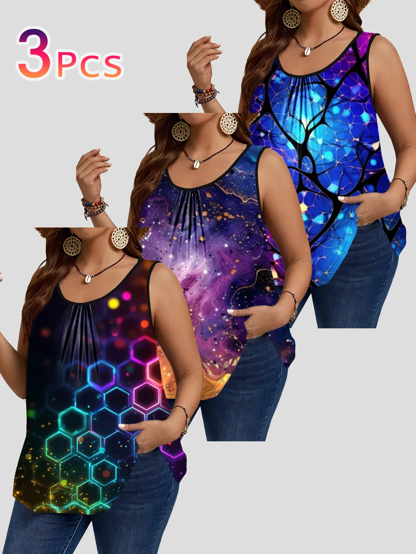 3-Piece Set of Large Size Cyber Cellular Neon Print Sleeveless Vests for Women, Blue and Purple Fluorescent Vein Nebula Loose Round Neck Cover-Up Tops